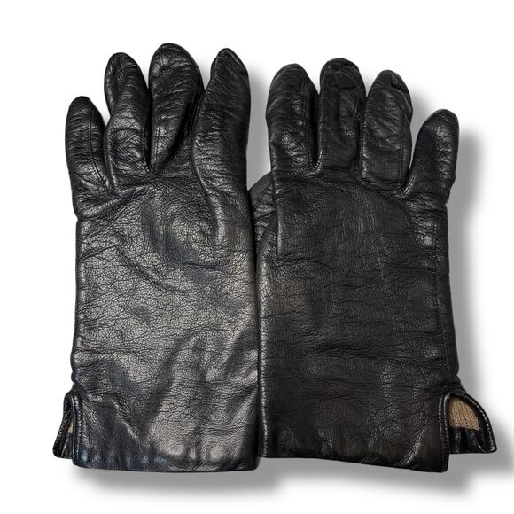 Black Leather Cashmere Lined Gloves Size 7.5 - Picture 2 of 3